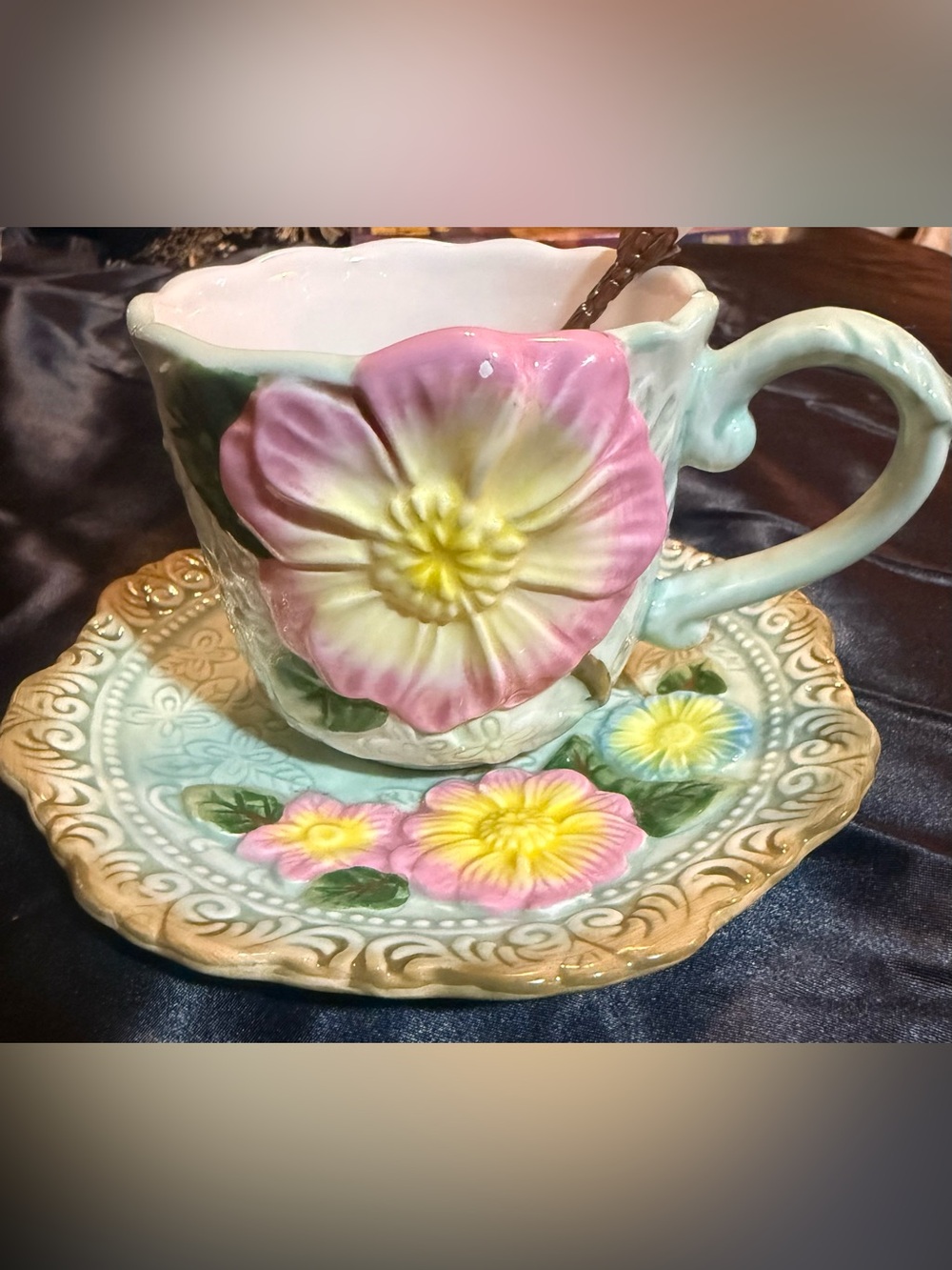 Corner Ruby Hand-Painted Pink Floral Teacup and Saucer Set with spoon